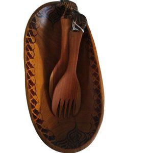 Hand Carved salad Boat Server 3 pc Set African